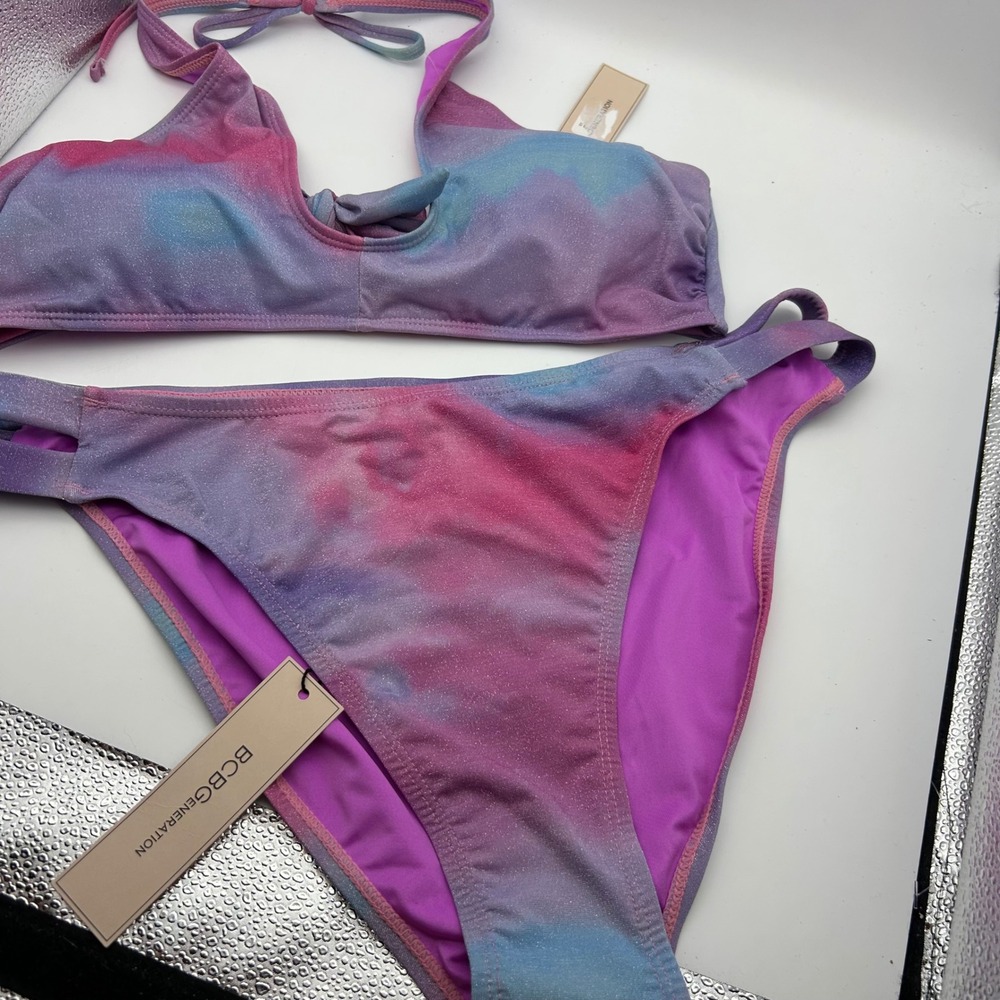 BCBGeneration Shimmer Tie Dye Bikini Set Halter Top L Bottom XL Purple Pink Blue